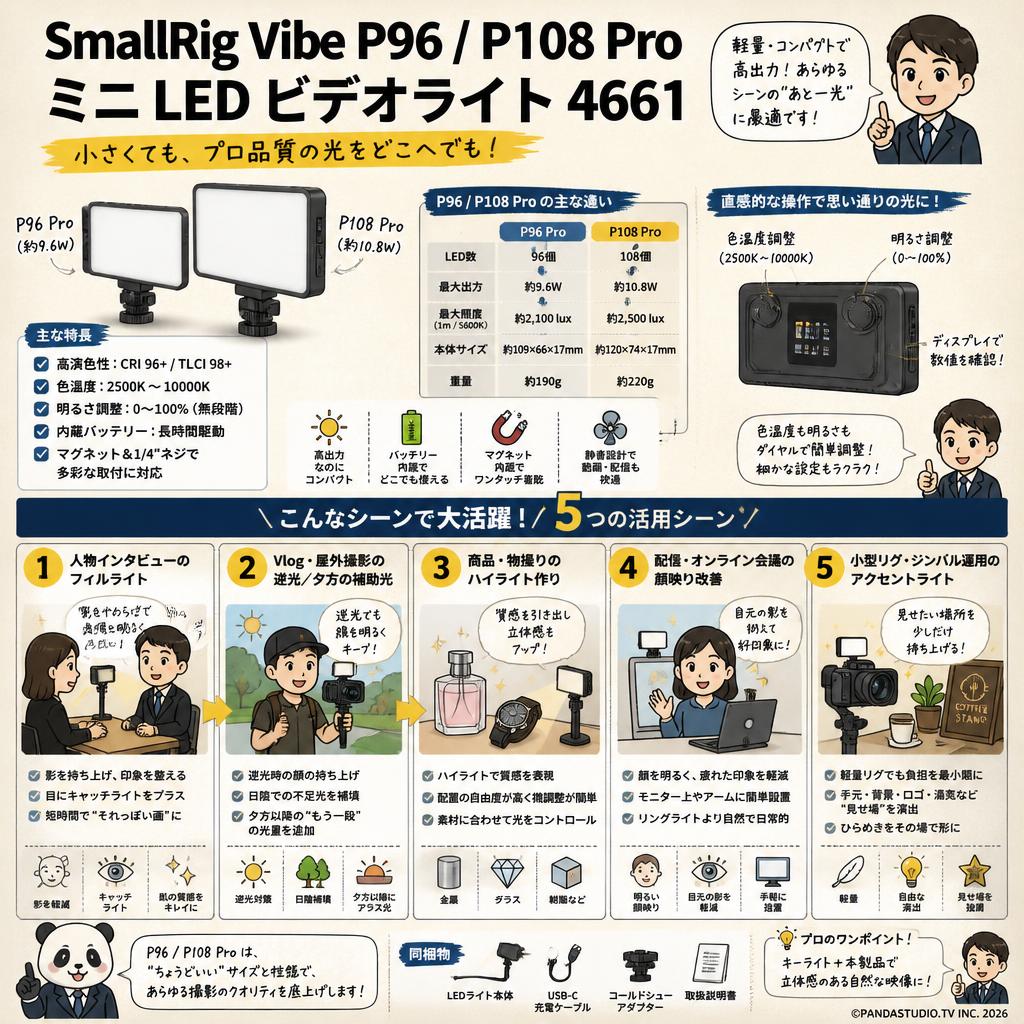 SmallRig Vibe P96 / P108 Pro ミニ LED ビデオライト　4661 用途