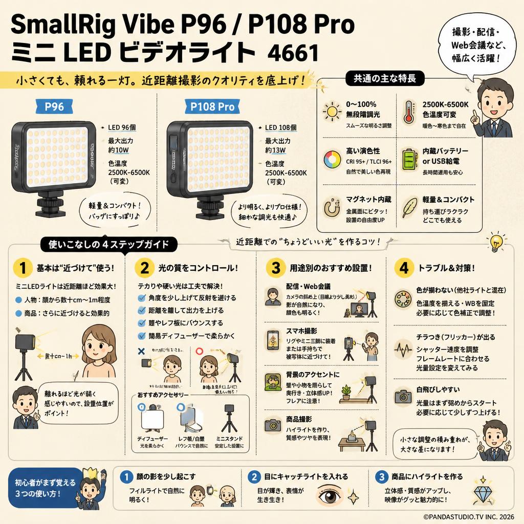 SmallRig Vibe P96 / P108 Pro ミニ LED ビデオライト　4661 FAQ（よくある質問と答え）