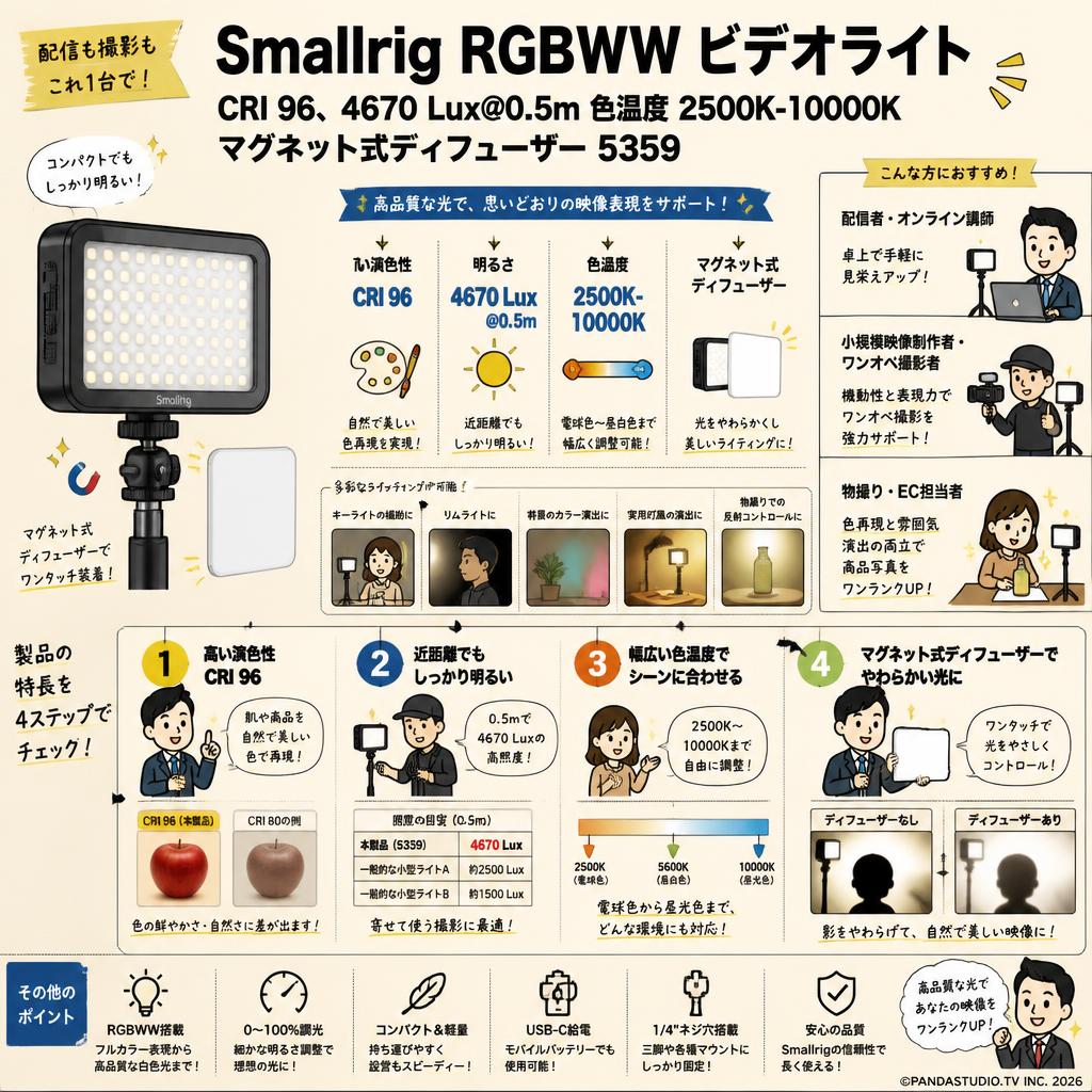 Smallrig RGBWW ビデオライト: CRI 96、4670 Lux@0.5m  色温度 2500K-10000K マグネット式ディフューザー 5359 おもな対象のお客様