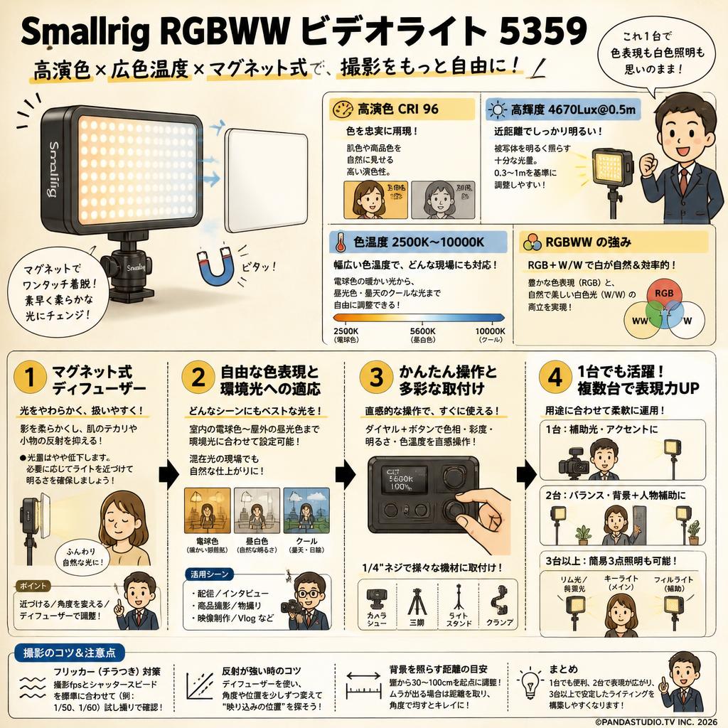 Smallrig RGBWW ビデオライト: CRI 96、4670 Lux@0.5m  色温度 2500K-10000K マグネット式ディフューザー 5359 FAQ（よくある質問と答え）