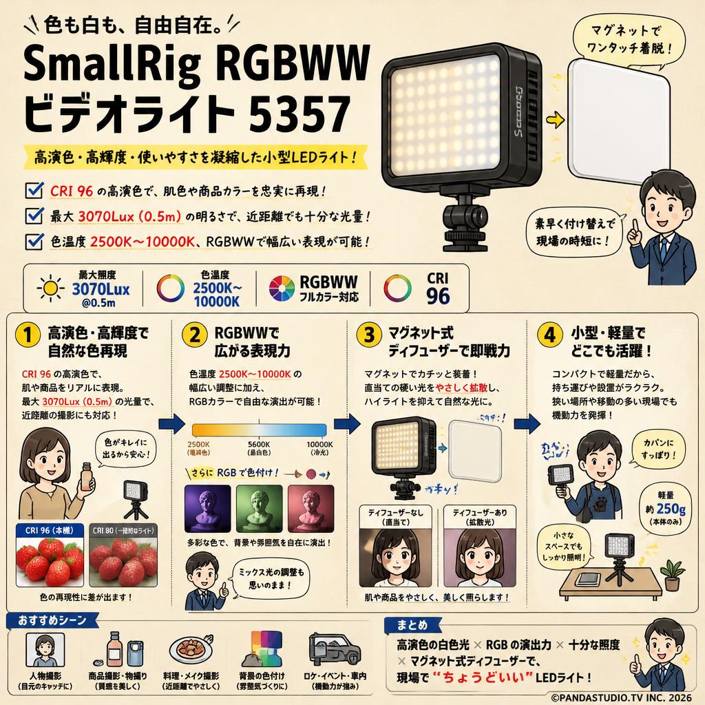 Smallrig RGBWW ビデオライト: CRI 96、3070 Lux@0.5m  色温度 2500K-10000K 　マグネット式ディフューザー 5357 概要