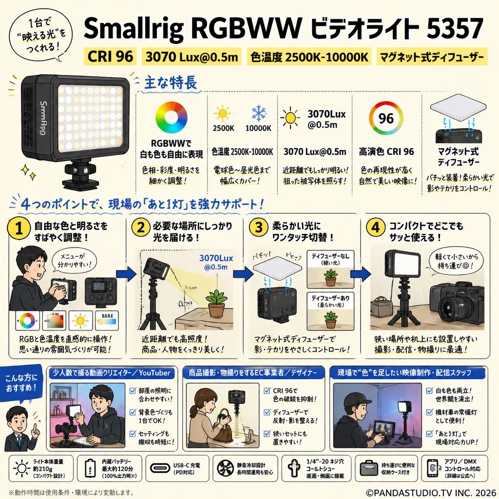 Smallrig RGBWW ビデオライト: CRI 96、3070 Lux@0.5m  色温度 2500K-10000K 　マグネット式ディフューザー 5357 おもな対象のお客様