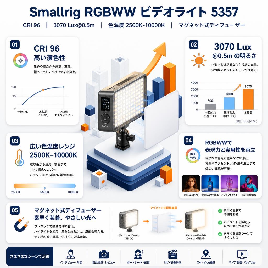 Smallrig RGBWW ビデオライト: CRI 96、3070 Lux@0.5m  色温度 2500K-10000K 　マグネット式ディフューザー 5357 セールスポイント