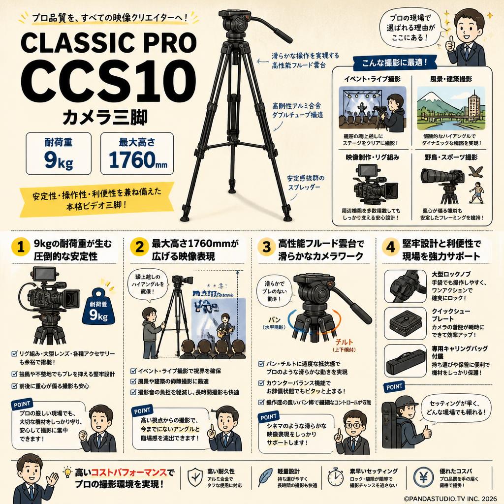 CLASSIC PRO CCS10 カメラ三脚　（耐荷重：9kg 　最大高さ：1760mm） 概要
