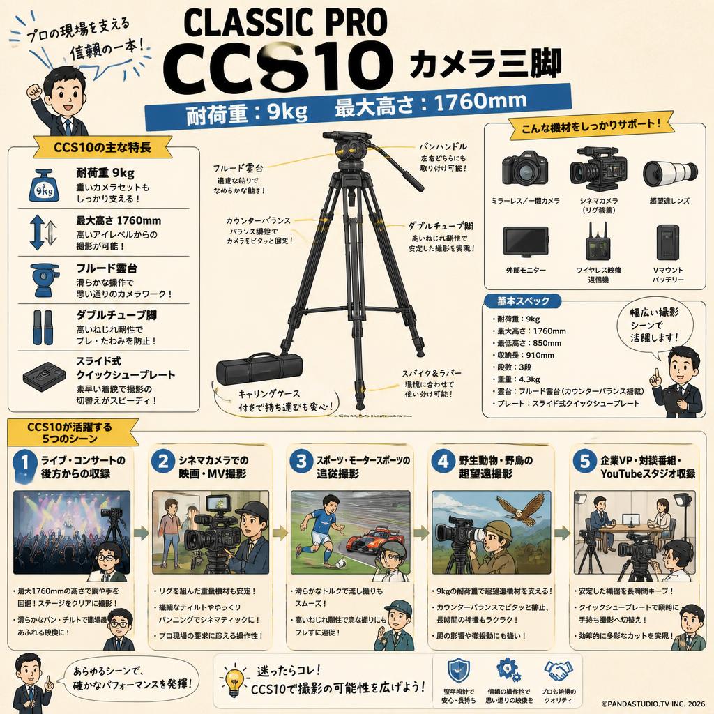 CLASSIC PRO CCS10 カメラ三脚　（耐荷重：9kg 　最大高さ：1760mm） 用途
