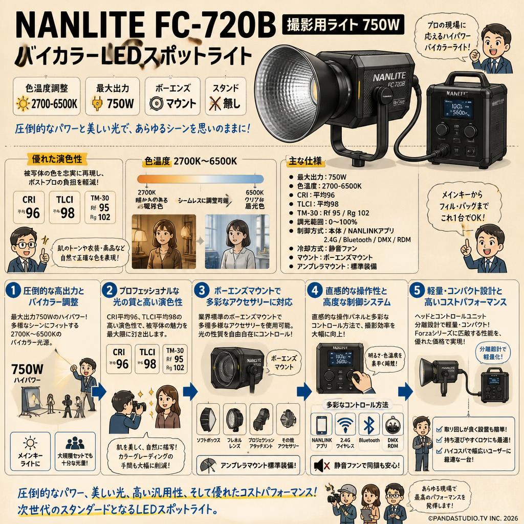 NANLITE FC-720B 撮影用ライト 750W バイカラー LEDスポットライト 色温度調整:2700-6500K (スタンド無し) [ボーエンズマウント] 概要