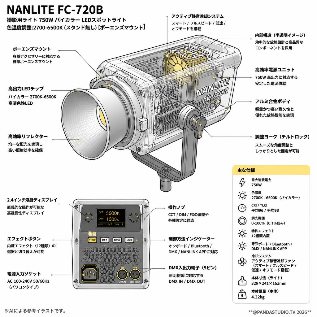 NANLITE FC-720B 撮影用ライト 750W バイカラー LEDスポットライト 色温度調整:2700-6500K (スタンド無し) [ボーエンズマウント] スペック