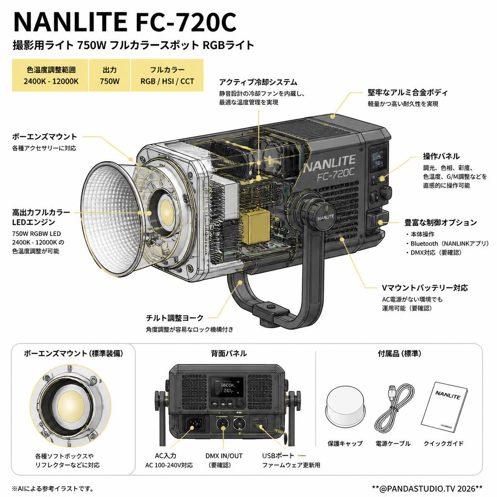 NANLITE FC-720C 撮影用ライト 750W フルカラースポット RGBライト 色温度調整:2400-12000K (スタンド無し) [ボーエンズマウント] スペック