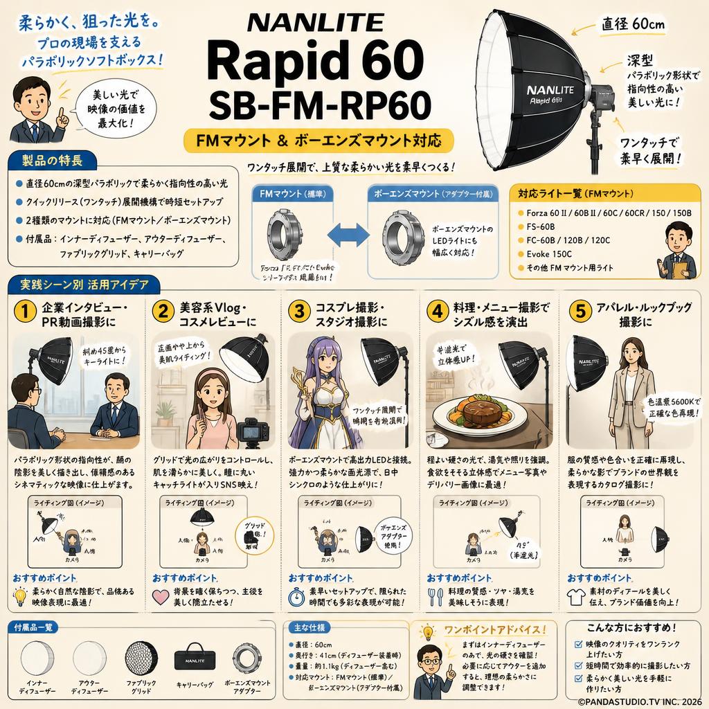 NANLITE Rapid 60 SB-FM-RP60 Forza 60 II/60B II/60C/60CR/150/150B,FS-60B,FC-60B/120B/120C,Evoke150C,その他FMマウント用 パラボリックソフトボックス 60cm [FMマウント&ボーエンズマウント] 用途