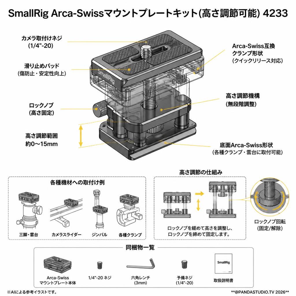 SmallRig Arca-Swissマウントプレートキット(高さ調節可能) 4233 スペック