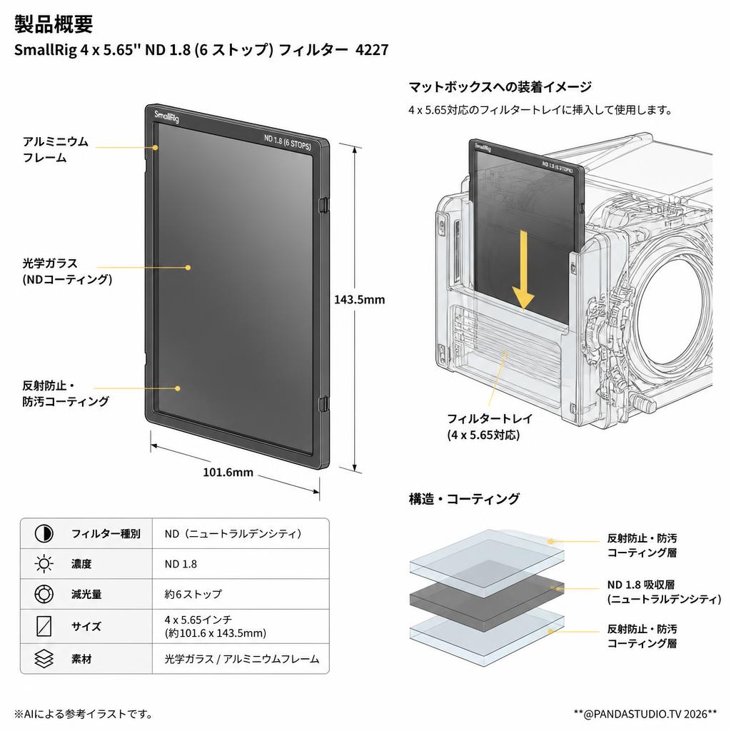 SmallRig 4 x 5.65'' ND 1.8 (6 ストップ) フィルター  4227 スペック