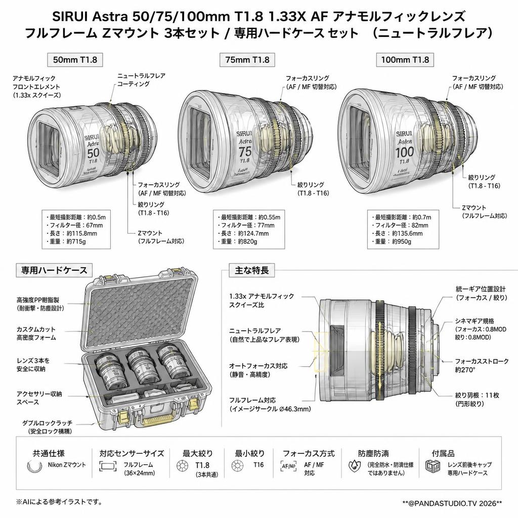 SIRUI Astra 50/75/100mm T1.8 1.33X AF アナモルフィックレンズ フルフレーム Zマウント 3本セット / 専用ハードケース セット （ニュートラルフレア） スペック