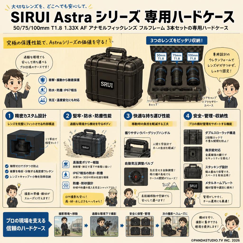 SIRUI Astra シリーズ 50/75/100mm T1.8 1.33X AF アナモルフィックレンズ フルフレーム 3本セットの 専用ハードケース 概要
