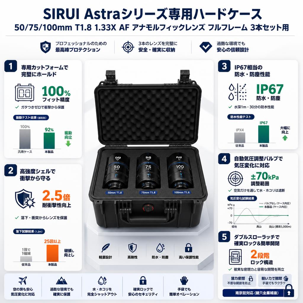 SIRUI Astra シリーズ 50/75/100mm T1.8 1.33X AF アナモルフィックレンズ フルフレーム 3本セットの 専用ハードケース セールスポイント