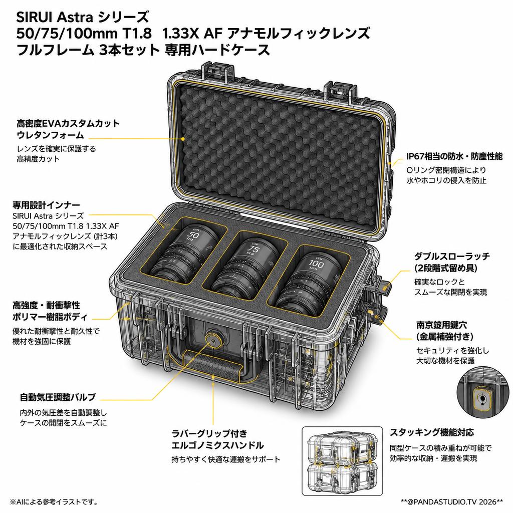 SIRUI Astra シリーズ 50/75/100mm T1.8 1.33X AF アナモルフィックレンズ フルフレーム 3本セットの 専用ハードケース スペック