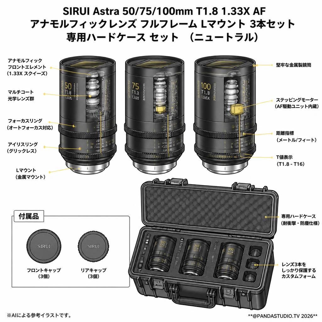 SIRUI Astra 50/75/100mm T1.8 1.33X AF アナモルフィックレンズ フルフレーム Lマウント 3本セット / 専用ハードケース セット （ニュートラル） スペック