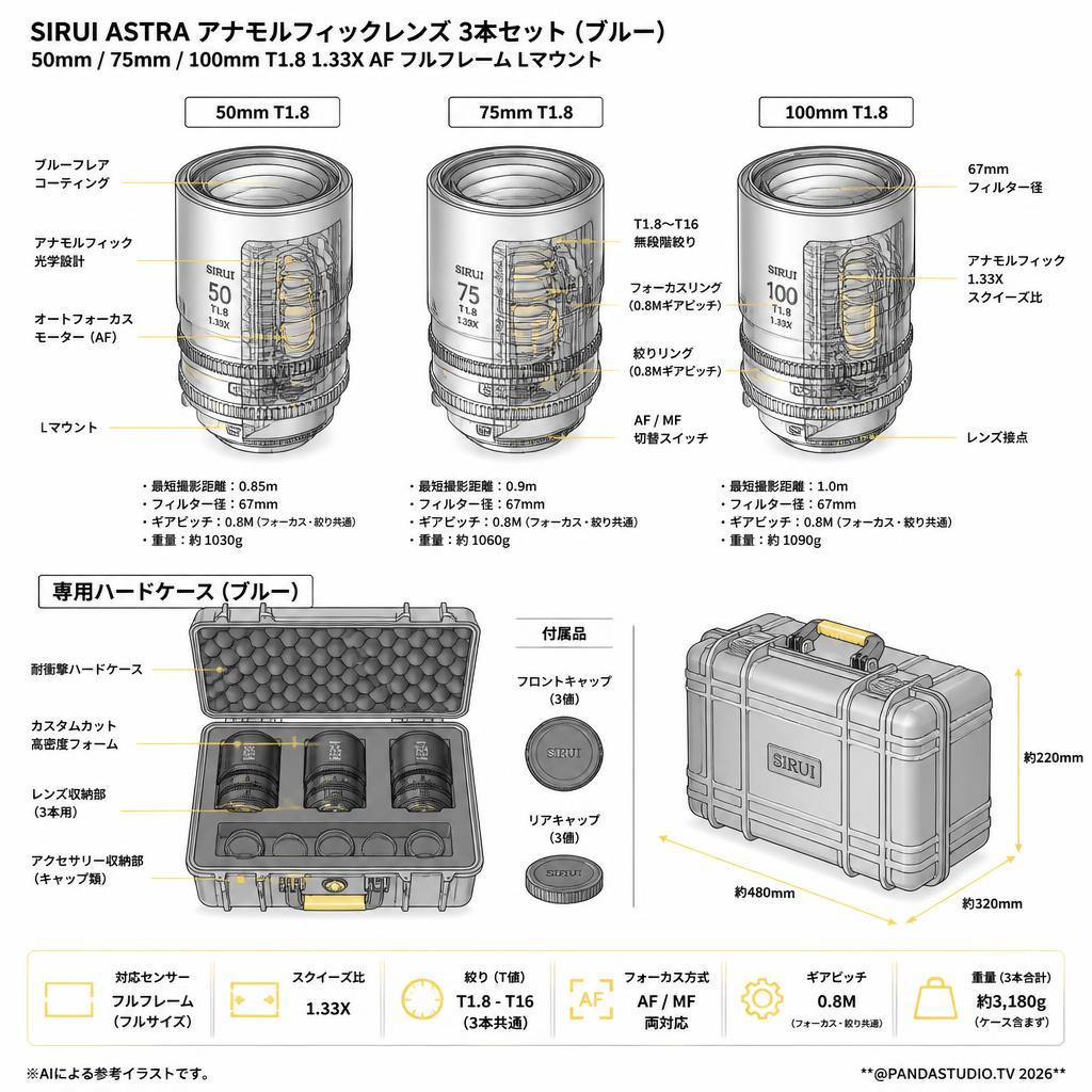 SIRUI Astra 50/75/100mm T1.8 1.33X AF アナモルフィックレンズ フルフレーム Lマウント 3本セット / 専用ハードケース セット（ブルー） スペック