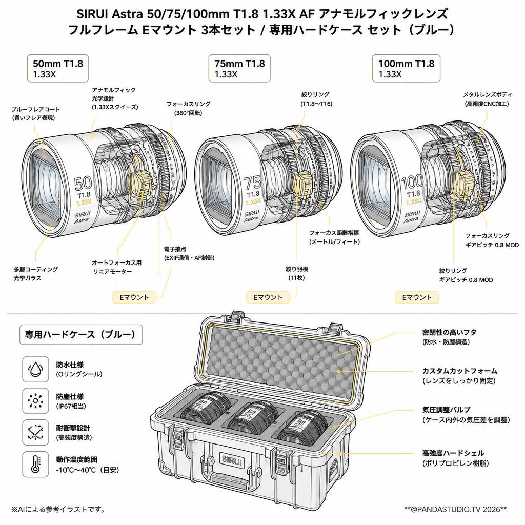 SIRUI Astra 50/75/100mm T1.8 1.33X AF アナモルフィックレンズ フルフレーム Eマウント 3本セット / 専用ハードケース セット （ブルー） スペック