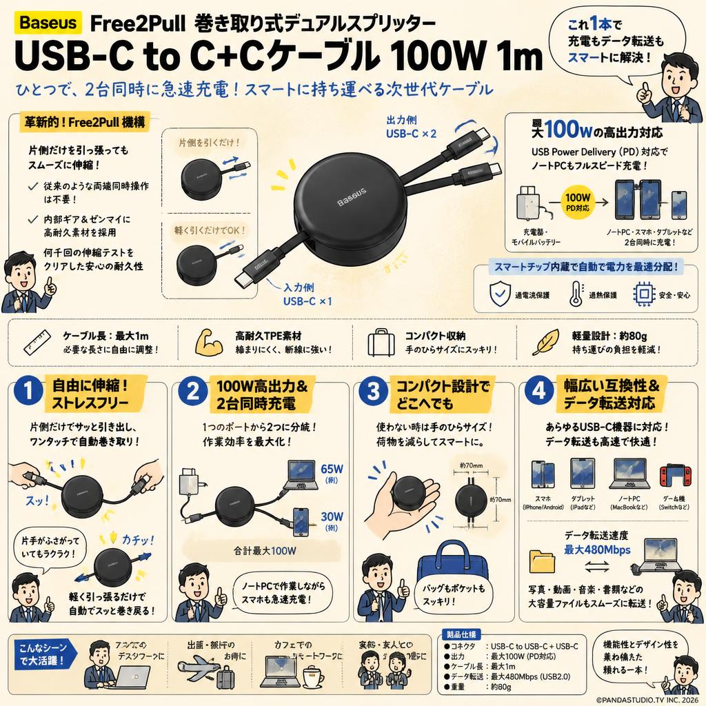 Baseus Free2Pull 巻き取り式デュアルスプリッターUSB-C to C+Cケーブル 100W 1m 概要