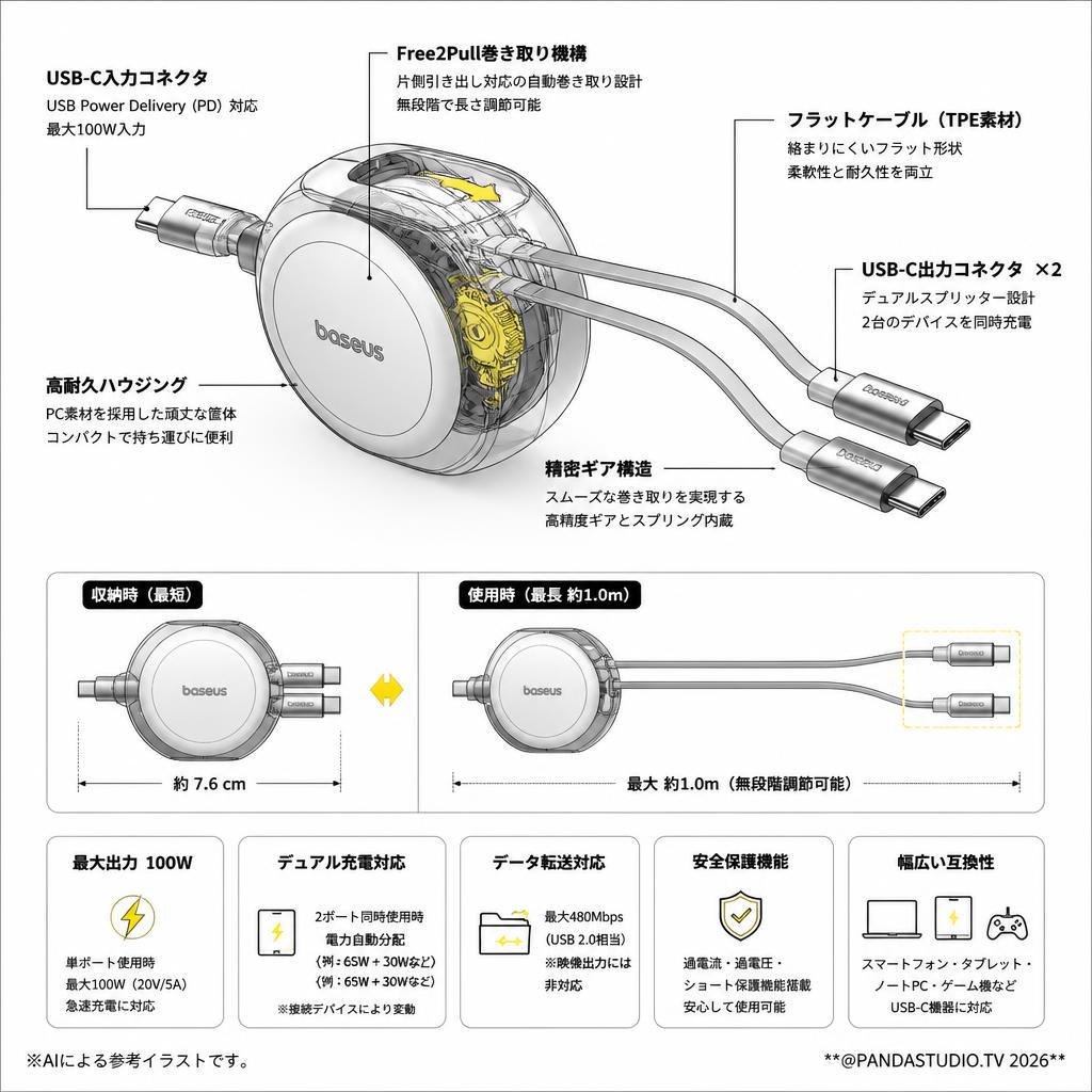 Baseus Free2Pull 巻き取り式デュアルスプリッターUSB-C to C+Cケーブル 100W 1m スペック