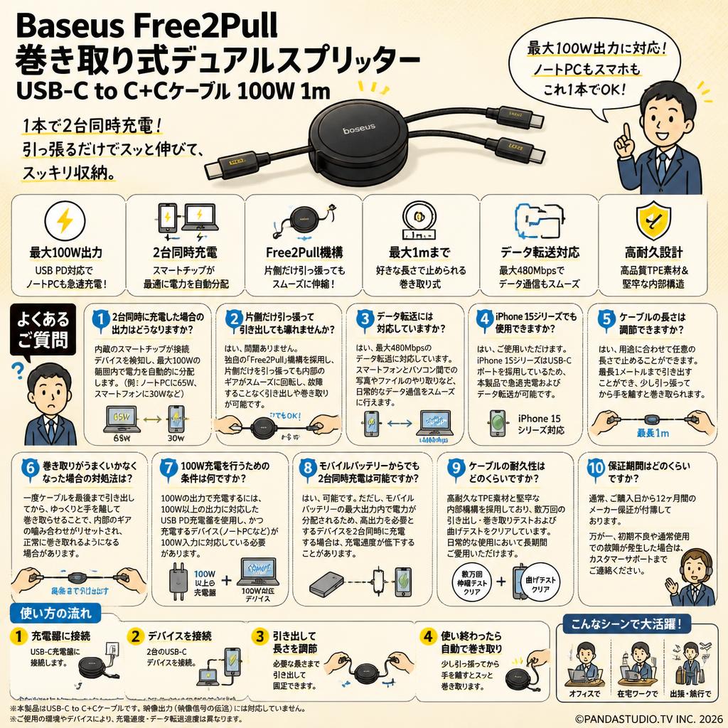 Baseus Free2Pull 巻き取り式デュアルスプリッターUSB-C to C+Cケーブル 100W 1m FAQ（よくある質問と答え）