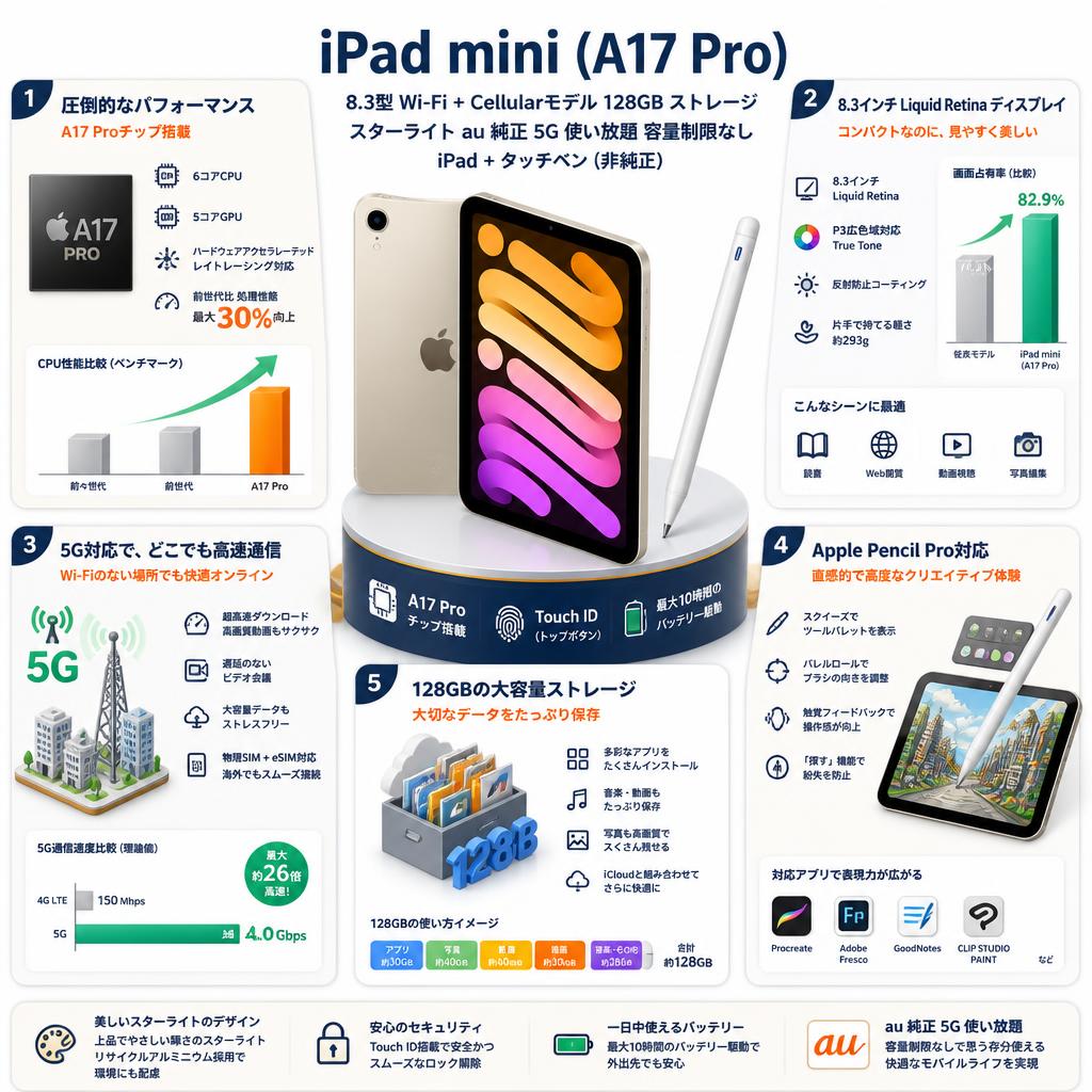 iPad mini (A17 Pro) 8.3型 au 純正 5G 使い放題 容量制限なし iPad タッチペン（非純正） セールスポイント