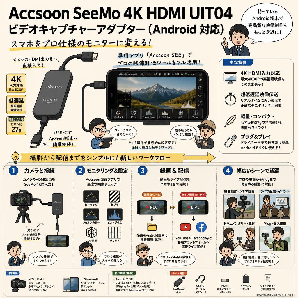 Accsoon SeeMo 4K HDMI UIT04 ビデオキャプチャーアダプター（Android