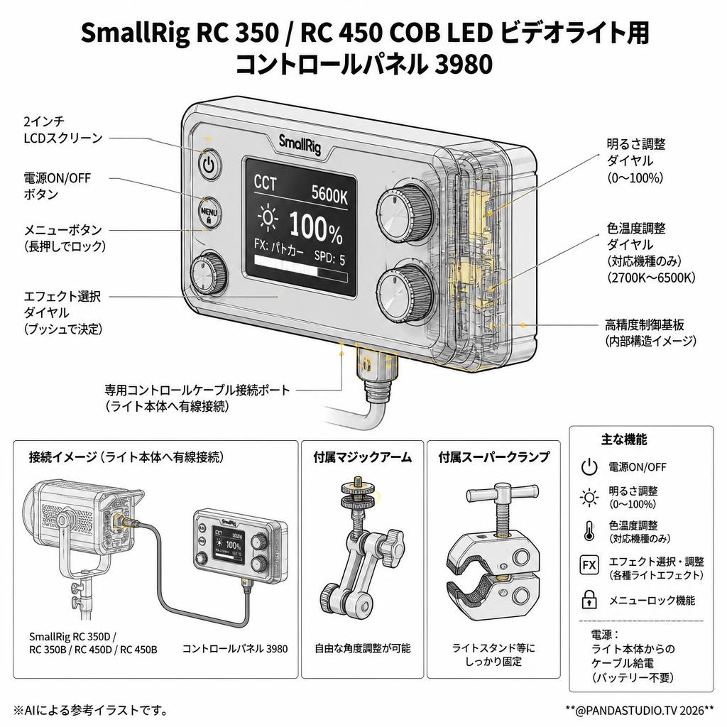 SmallRig RC 350 / RC 450 COB LED ビデオライト用 コントロールパネル 3980 スペック
