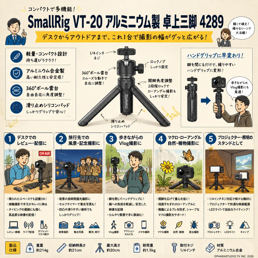 SmallRig VT-20 アルミニウム製 卓上三脚 4289 用途