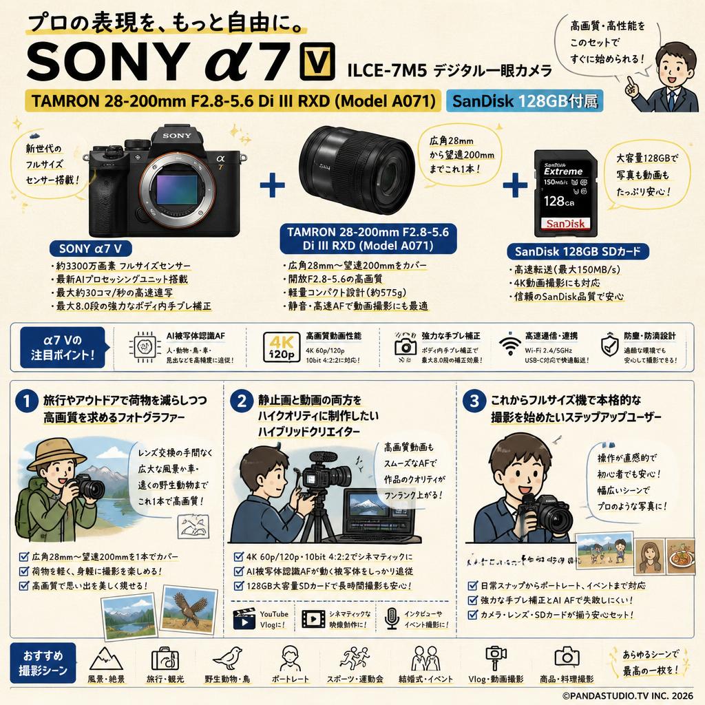 SONY α7 V ILCE-7M5デジタル一眼カメラ SanDisk 128GB付属  + TAMRON 28-200mm F2.8-5.6 Di III RXD (Model A071) おもな対象のお客様