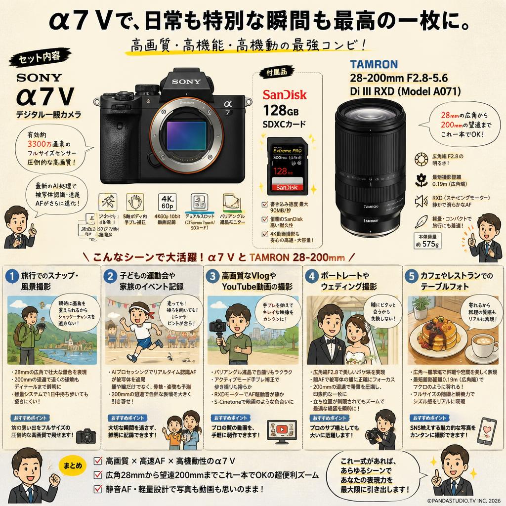 SONY α7 V ILCE-7M5デジタル一眼カメラ SanDisk 128GB付属  + TAMRON 28-200mm F2.8-5.6 Di III RXD (Model A071) 用途
