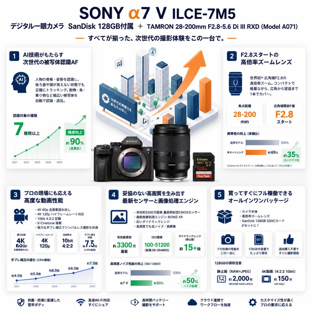 SONY α7 V ILCE-7M5デジタル一眼カメラ SanDisk 128GB付属  + TAMRON 28-200mm F2.8-5.6 Di III RXD (Model A071) セールスポイント