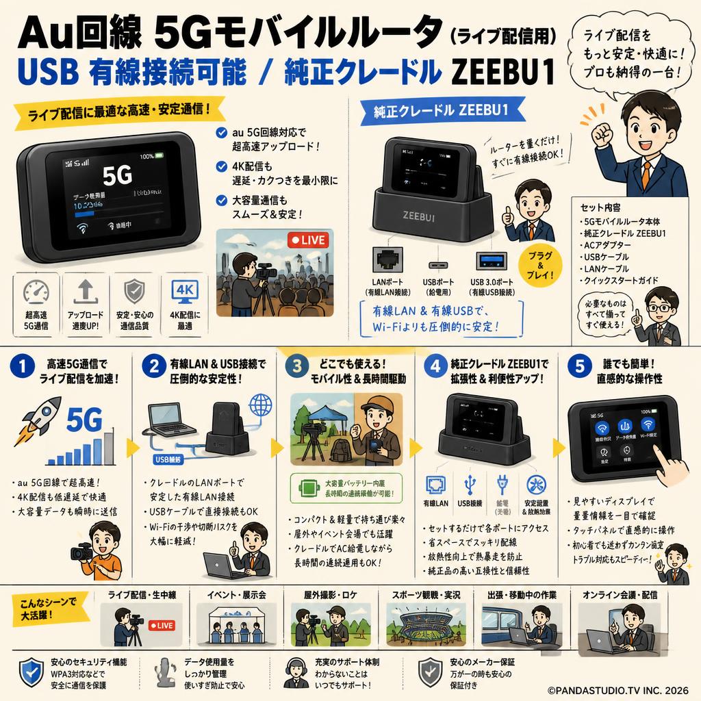 Au回線 5Gモバイルルータ（ライブ配信用）USB 有線接続可能 / 純正クレードル ZEEBU1 概要