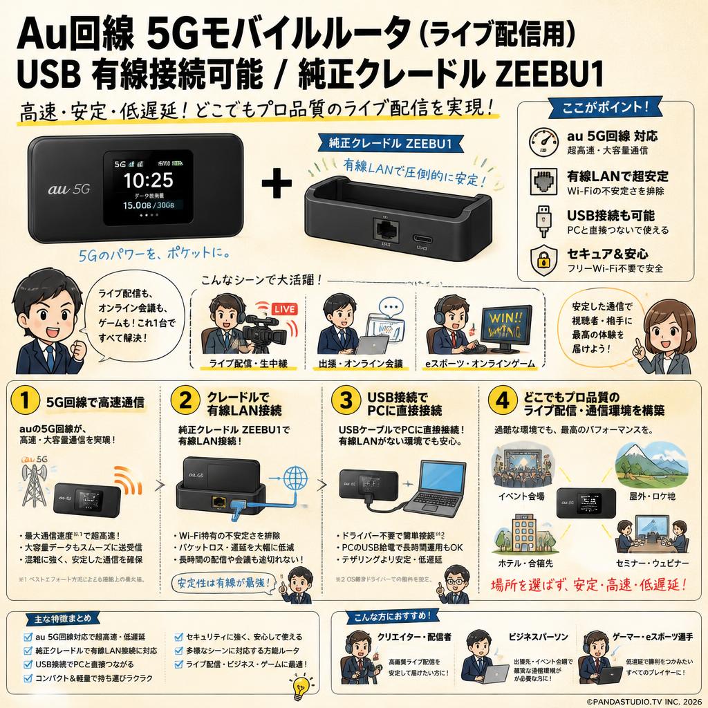 Au回線 5Gモバイルルータ（ライブ配信用）USB 有線接続可能 / 純正クレードル ZEEBU1 おもな対象のお客様