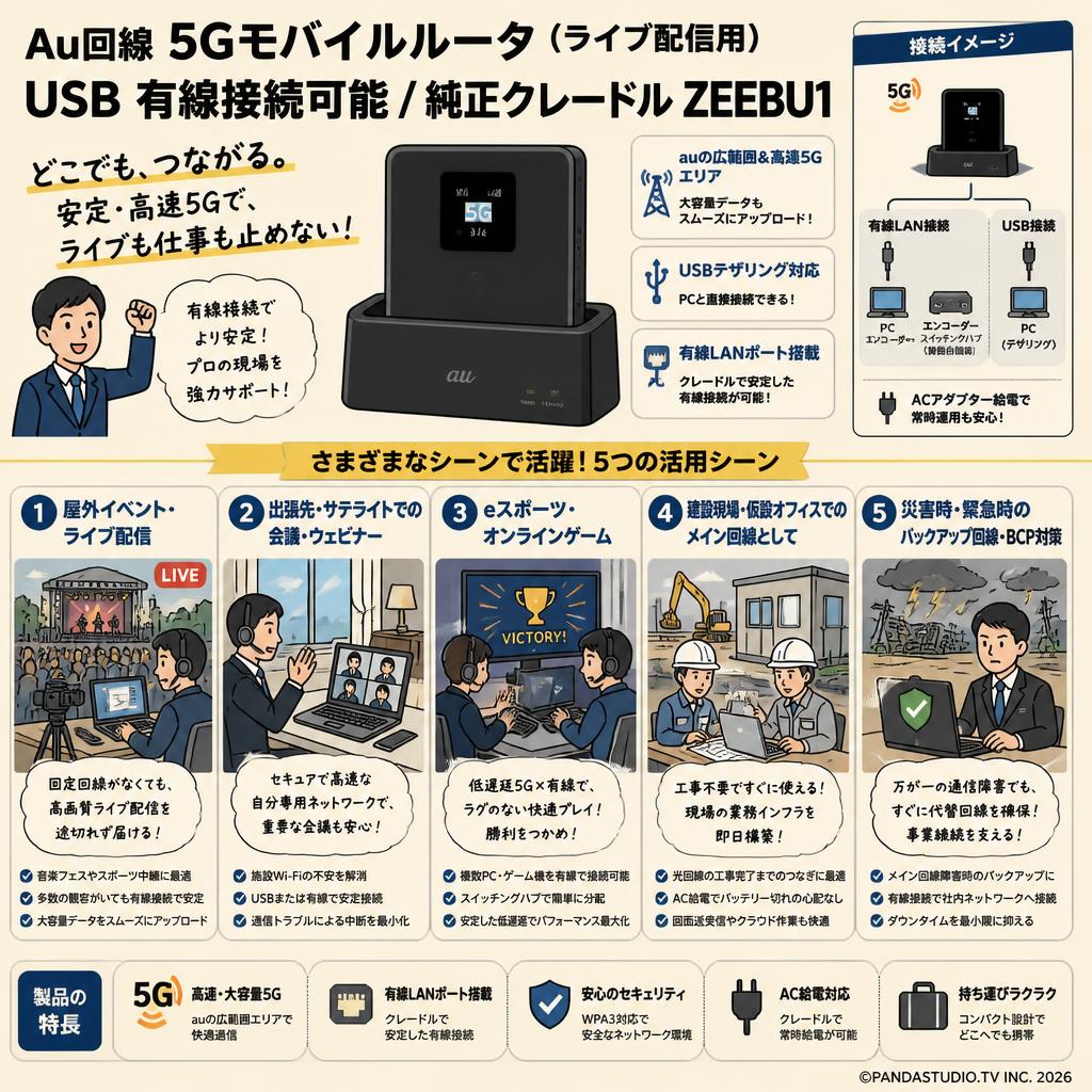 Au回線 5Gモバイルルータ（ライブ配信用）USB 有線接続可能 / 純正クレードル ZEEBU1 用途