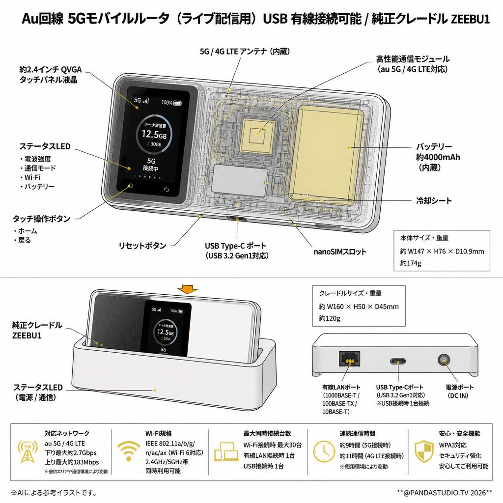 Au回線 5Gモバイルルータ（ライブ配信用）USB 有線接続可能 / 純正クレードル ZEEBU1 スペック