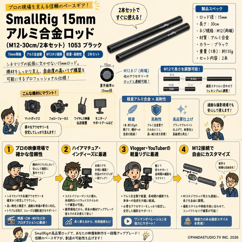 SmallRig 15mm アルミ合金ロッド （M12-30cm/２本セット）1053 ブラック おもな対象のお客様