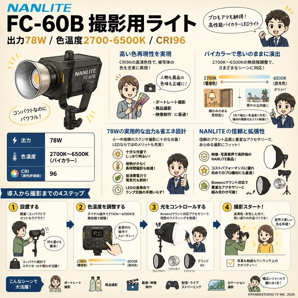 NANLITE FC-60B 撮影用ライト 出力78W 色温度2700-6500K CRI96 バイカラー LED 概要