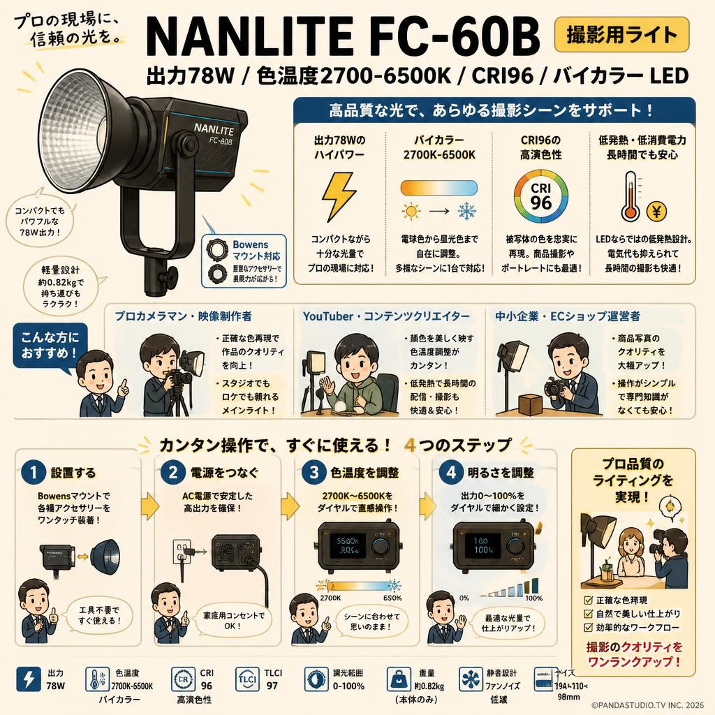 NANLITE FC-60B 撮影用ライト 出力78W 色温度2700-6500K CRI96 バイカラー LED おもな対象のお客様