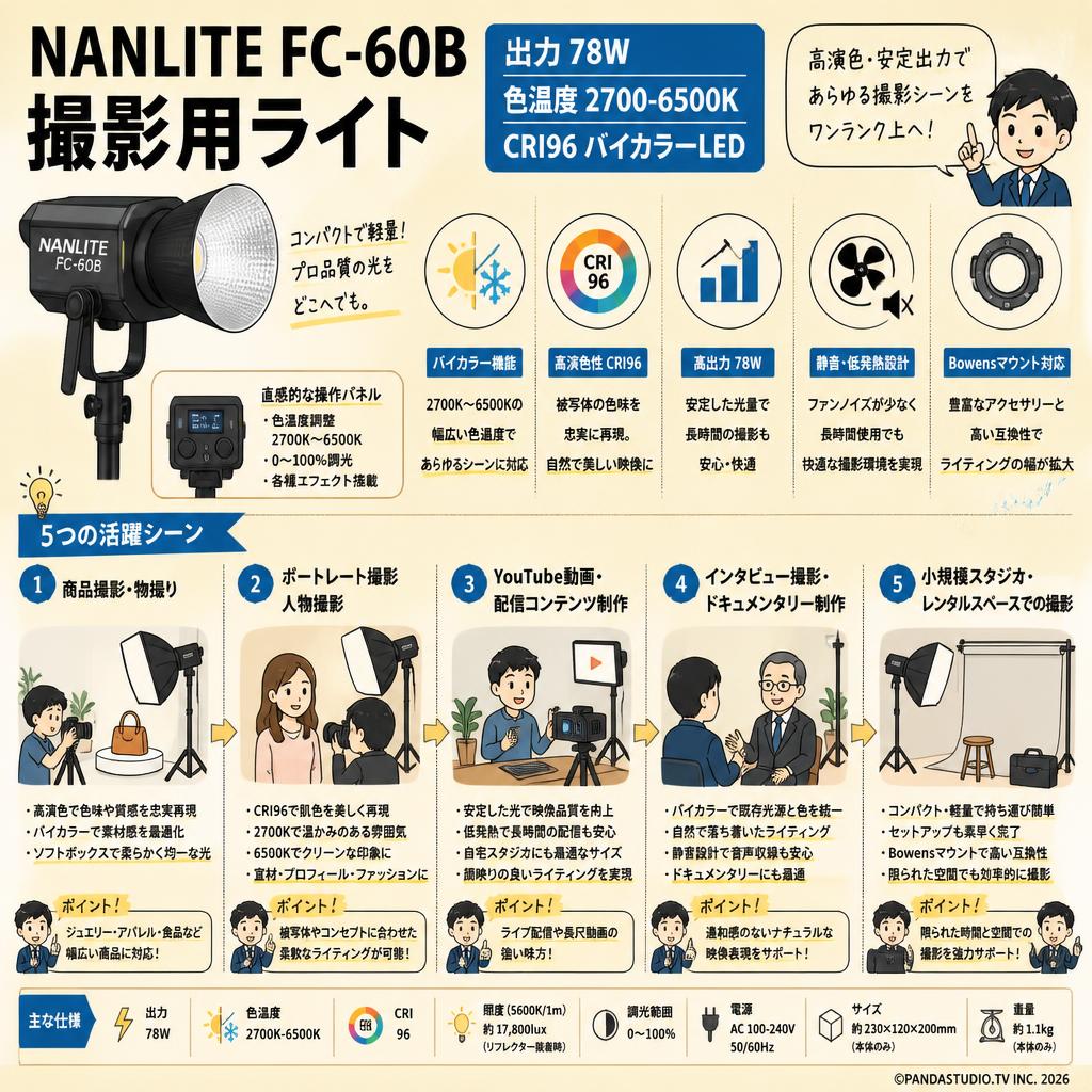 NANLITE FC-60B 撮影用ライト 出力78W 色温度2700-6500K CRI96 バイカラー LED 用途