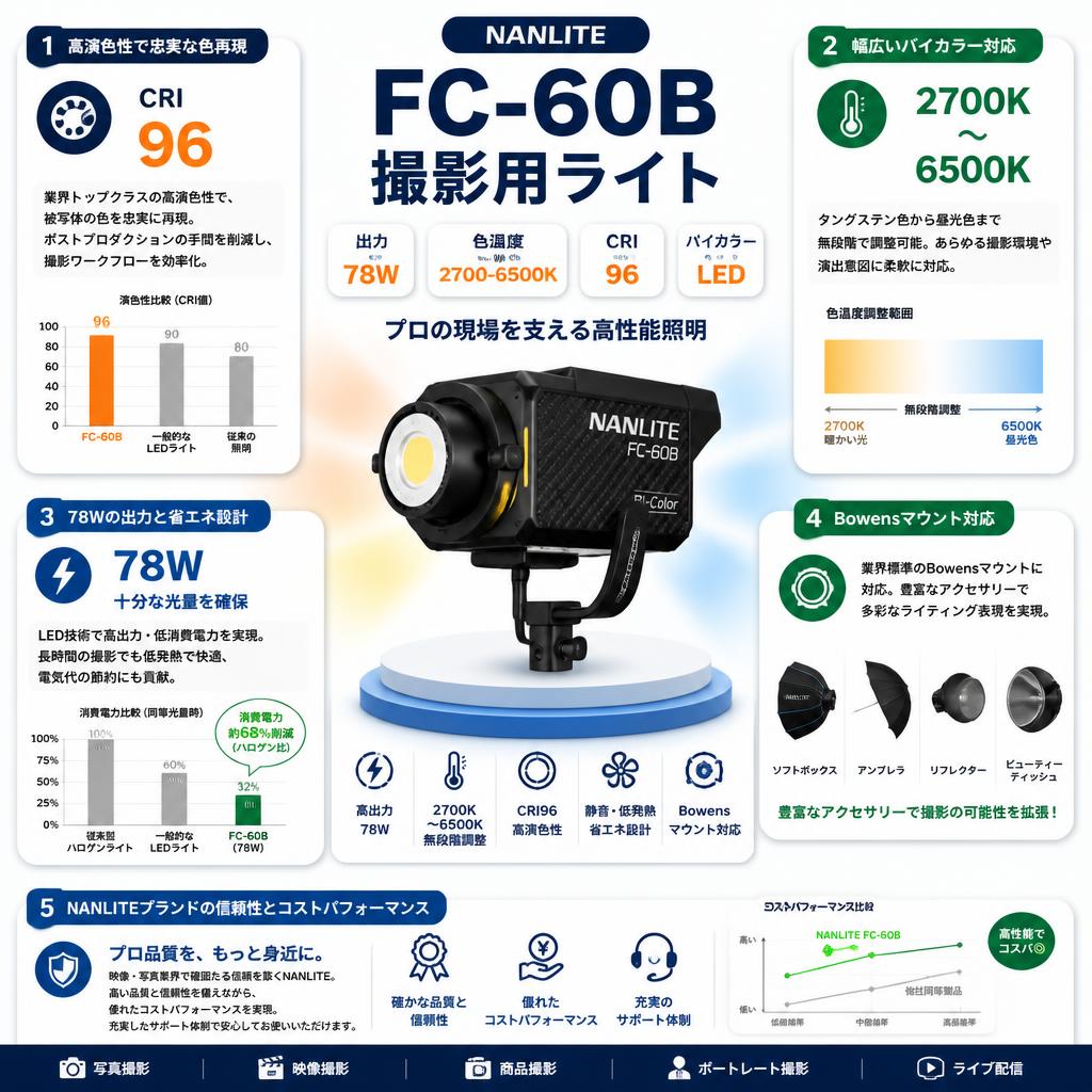 NANLITE FC-60B 撮影用ライト 出力78W 色温度2700-6500K CRI96 バイカラー LED セールスポイント