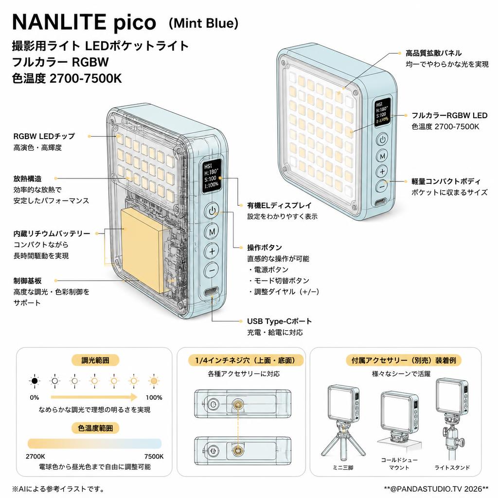 NANLITE pico   (Mint Blue)　撮影用ライト LEDポケットライト フルカラー RGBW 色温度2700-7500K スペック
