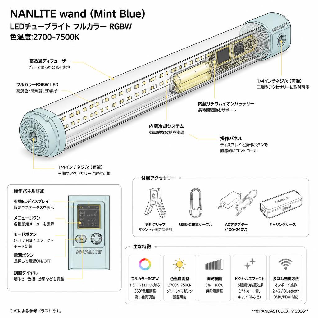 NANLITE wand  (Mint Blue)撮影用ライト LEDチューブライト フルカラー RGBW 色温度:2700-7500K スペック