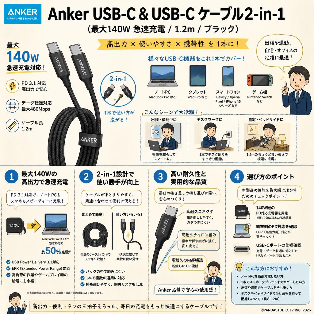Anker USB-C & USB-C ケーブル 2-in-1 (最大140W 急速充電 / 1.2m / ブラック) 概要