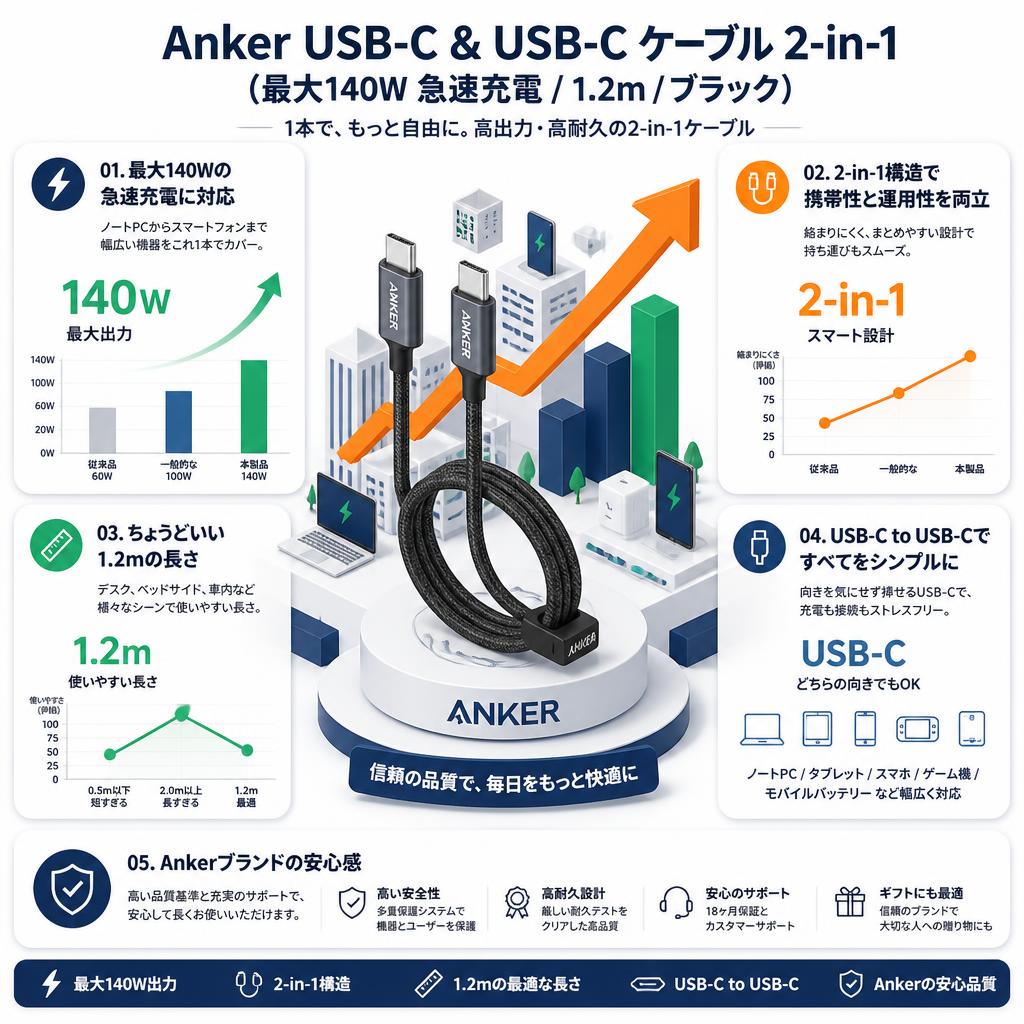 Anker USB-C & USB-C ケーブル 2-in-1 (最大140W 急速充電 / 1.2m / ブラック) セールスポイント