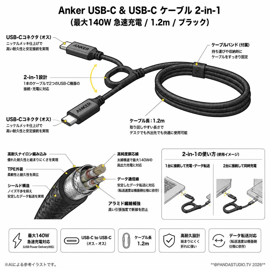 Anker USB-C & USB-C ケーブル 2-in-1 (最大140W 急速充電 / 1.2m / ブラック) スペック