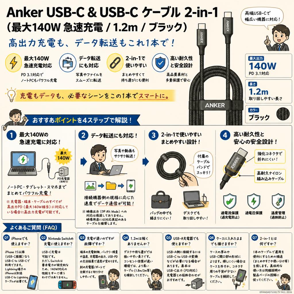 Anker USB-C & USB-C ケーブル 2-in-1 (最大140W 急速充電 / 1.2m / ブラック) FAQ（よくある質問と答え）