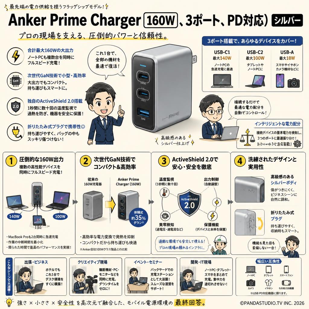 Anker Prime Charger (160W、3 ports、PD対応) シルバー 概要