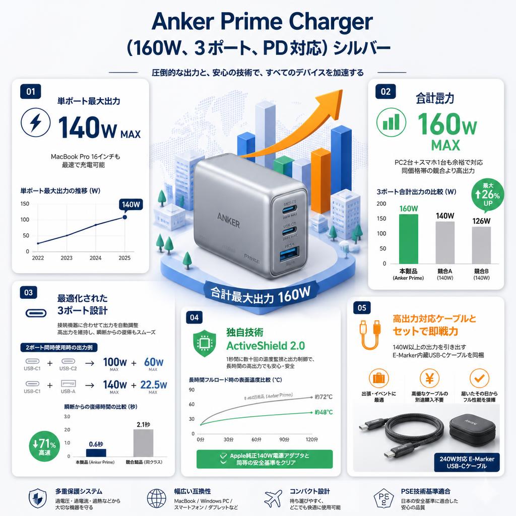 Anker Prime Charger (160W、3 ports、PD対応) シルバー セールスポイント