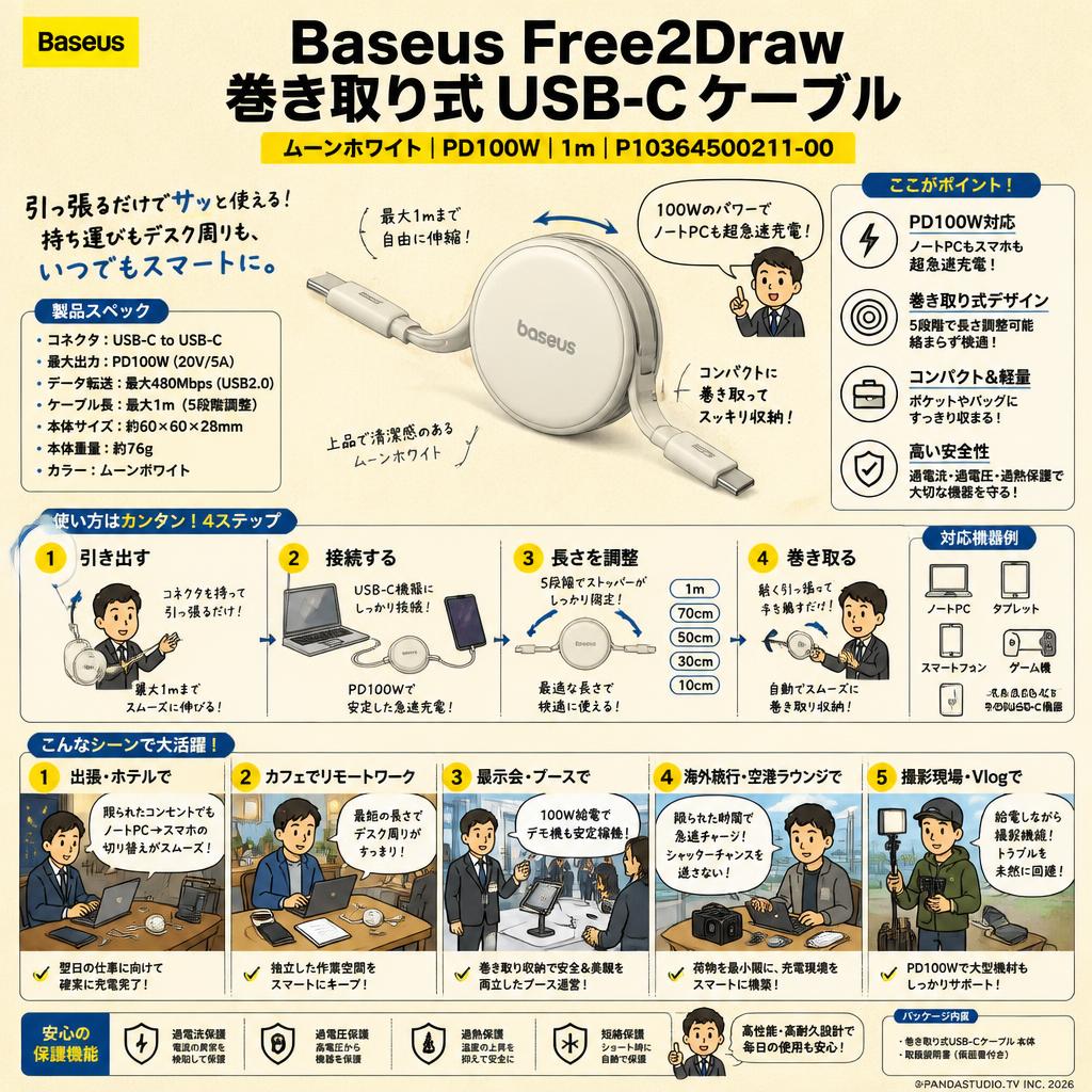 Baseus Free2Draw 巻き取り式 USB-C ケーブル ムーンホワイト PD100W 1m P10364500211-00 用途